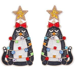Cat Christmas Tree Rhinestone Earrings-NWOT